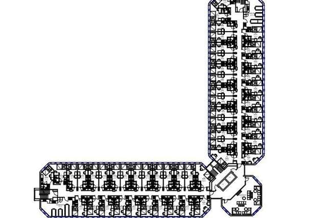 A floor plan for one the proposed conversion of Riverside House. This floor shows 48 en-suite flats built on one floor.