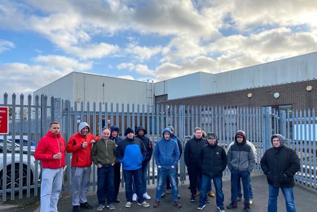 Angry former employees at the old Epwin Glass, now Panoglass, factory in Lodge Farm Industrial Estate, Northampton
