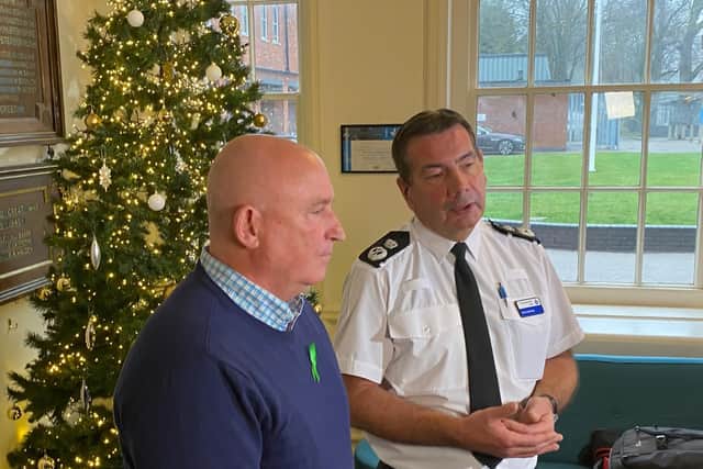 Radd Seiger, the Harry Dunn family's spokesman, and Northamptonshire Police Chief Constable Nick Adderley speak to the media after the meeting