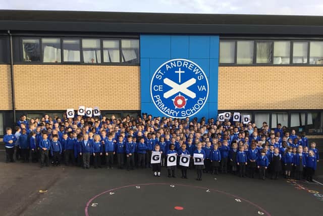 St Andrews Primary School pupils and staff celebrate being rated 'good' by Ofsted