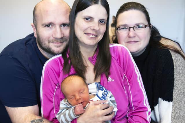 Baby Finley-Paul with dad Daniel Langwith, mum Katie Diamond, and Katie's birthing partner and friend Toni Shepherd. Pictures taken by Kirsty Edmonds.