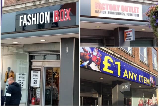 The three faces of Abington Stree'ts former BHS since 2016 - two factory outlet fashion stores and a bargain Christmas shop.