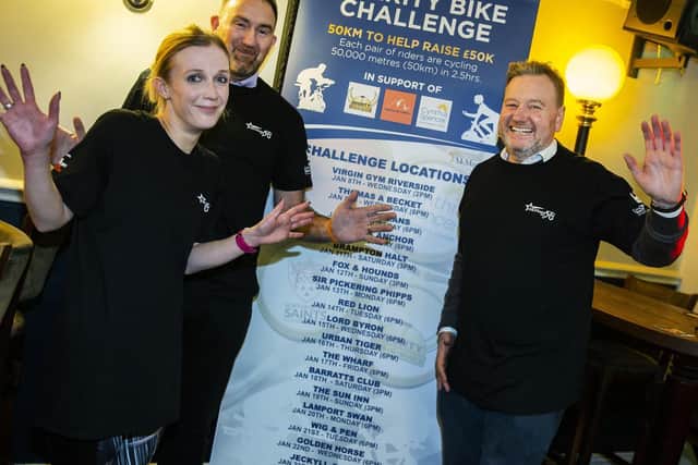 (L-R) Nina Gandy from Cynthia Spencer, Jason Forskitt from Bac Zac and Paul McManus at The Lord Byron pub's bike challenge