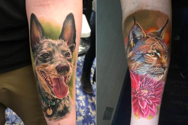 Anastasia Bortnik dog tattoo (left) and Max Adamek's tiger design (right).
