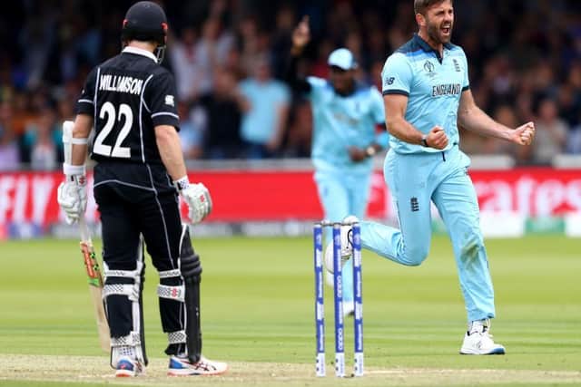 Liam Plunkett celebrates claiming the wicket of New Zealand captain Kane Williamson in the Cricket World Cup Final