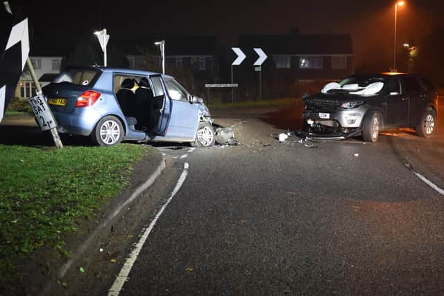 The scene of the crash involving the Skoda Fabia William and Brenda Skears were in and Gary Marshall's Land Rover Discovery. Photo: Northamptonshire Police