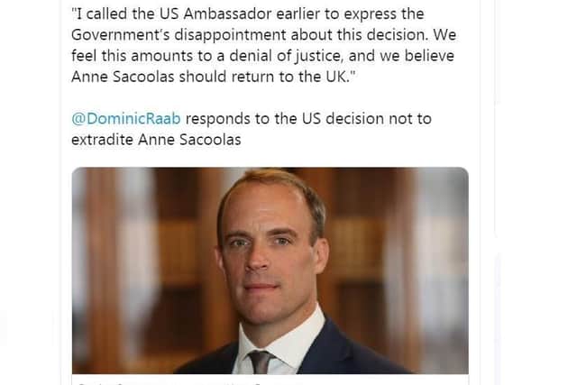 foreign Secretary Dominic Raab responds to the US' refusal to send Anne Sacoolas back to Britain.