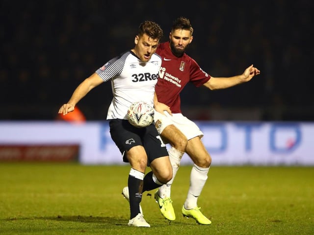 Jordan Turnbull stays close to Derby striker Chris Martin