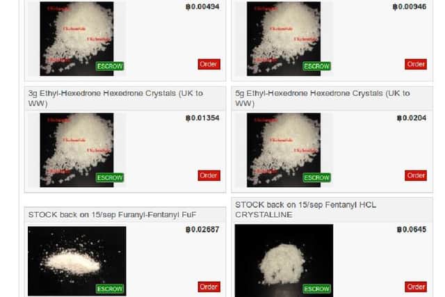 A screenshot of "UKChemSale", with grams of lethal opioids on sale in exchange for untraceable Bitcoin.