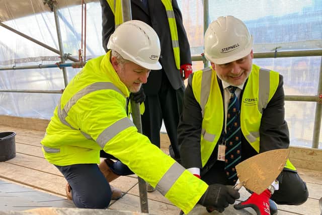 Northampton Borough Council leader Jonathan Nunn and Stepnell regional director Adrian Barnes at the topping-out ceremony at the Vulcan Works site