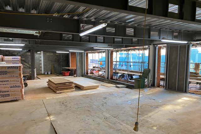 Inside the ground floor of the new Angel Street building at the Vulcan Works site, which will eventually be offices with access to the road