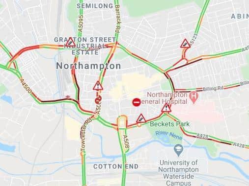 AA travel map shows the knock-on effect of road closures in Northampton town centre