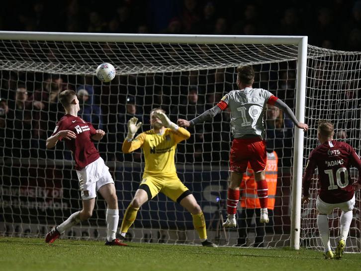 Jordan Lyden heads in the winning goal. Picture: Pete Norton
