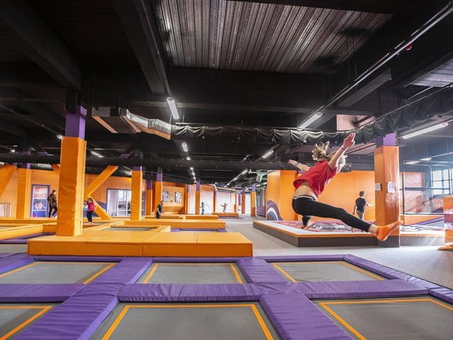 Having a bounce on the trampolines at Gravity in Sol Central