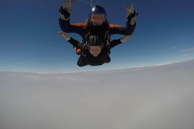 Fundraiser Trudi pictured whizzing through the air at a previous charity skydive for Northampton General Hospital.