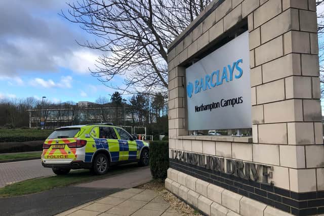 Northamptonshire Police were called to Barclays HQ in Brackmills on Wednesday morning and have made four arrests.