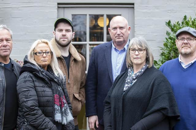 Harry Dunn's family. (L-R) Bruce Charles, Charlotte Charles, Ciaran Charles, Radd Seiger, Tracey Dunn and Tim Dunn