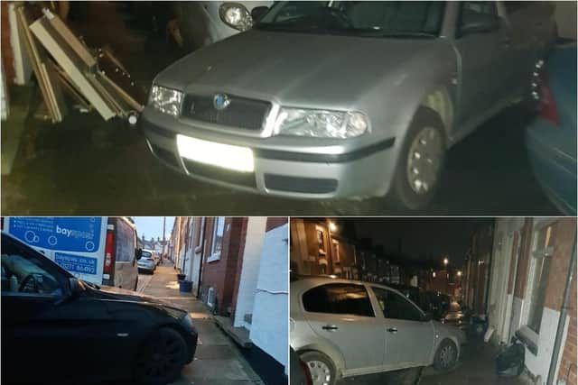 Examples of illegal parking in Lower Hester Street, Semilong, Northampton
