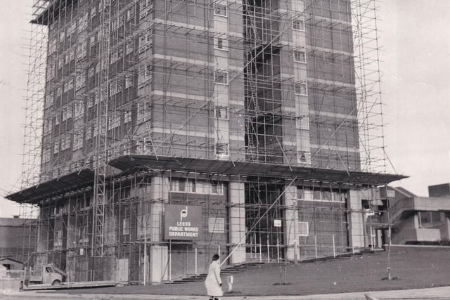 Surrounded by scaffolding, the Queensview flats at Seacroft.
