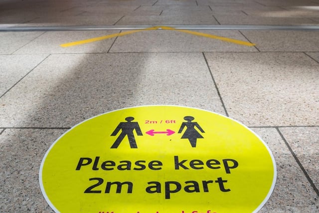 Signs and floor stickers will help remind guests to keep a safe distance apart.