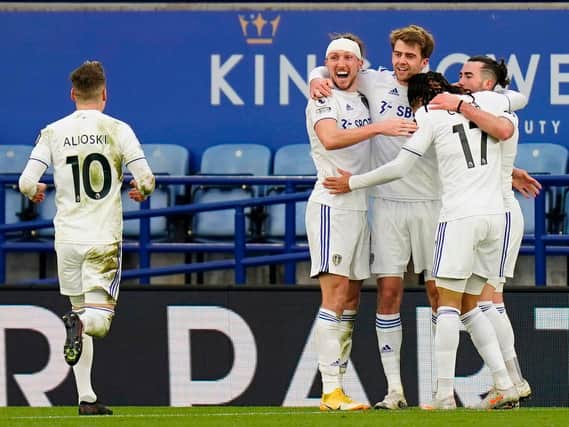 Leeds United celebrate at Leicester City. Pic: Getty