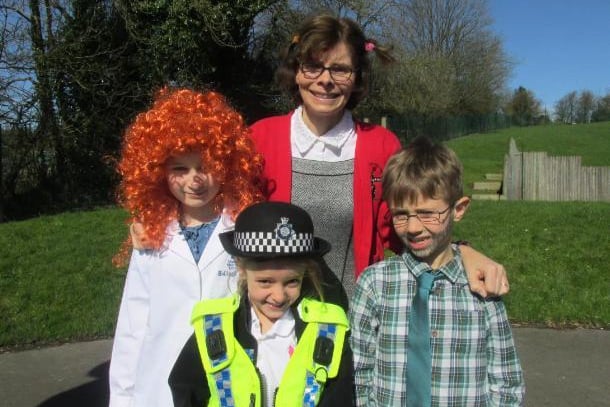 St Thomas CE Primary pupils Eva Gregg, Addison Lees and James Phillips, with Mrs Wester