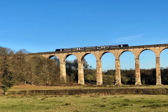 A train passes over the viaduct under stunning blue skies, by Ann Morris.