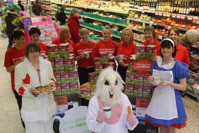 Whitby Coop staff dress up as Alice in Wonderland characters for a Fairtrade tea.