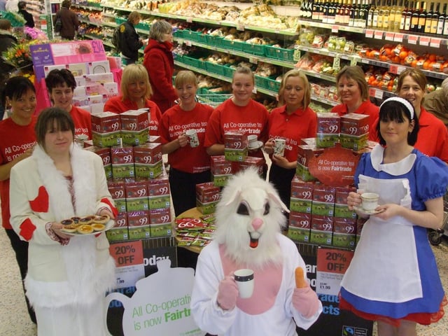 Whitby Coop staff dress up as Alice in Wonderland characters for a Fairtrade tea.