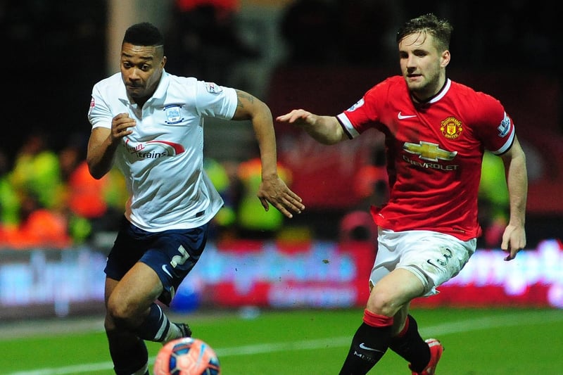 The left-back played for Manchester United against PNE at Deepdale in the FA Cup in February 2015 - Chris Humphrey is pictured going past him.