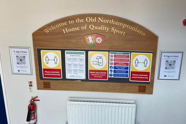 Old Northamptonians RFC has put up Sign In Point posters with QR codes for members to scan to input their details for tracking and tracing