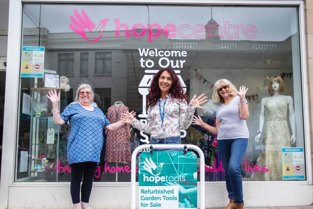 Volunteers Sara Gravett, Anna Austin and Denise Hunt pictured outside Hope's charity shop on opening day Friday but Kirsty Edmonds.