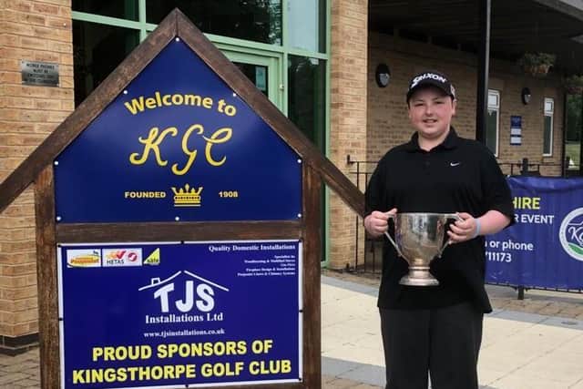 Sam Dunkley, who is 14, won a men's golf tournament over the weekend.