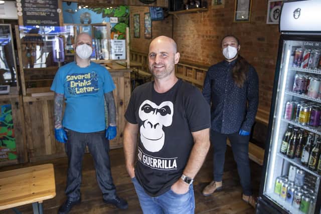 Malcolm Buswell, Matt Boot and Luke Knight pictured at Beer Guerrilla on Wellingborough Road where they reopened to customers in the evening on Saturday.