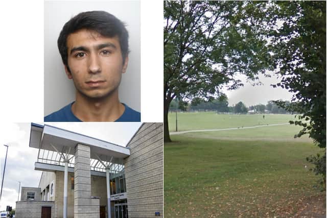 Three young men who have never been traced were praised in court yesterday for "exemplary" public spirit by chasing off a sex attacker and helping his victim.