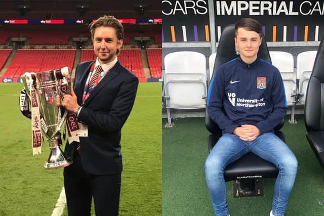 Matt Derrig (left) with the League One play-off trophy at Wembley Stadium and Matt Derrig in the Northampton Town FC dugout. Photos courtesy of the University of Northampton
