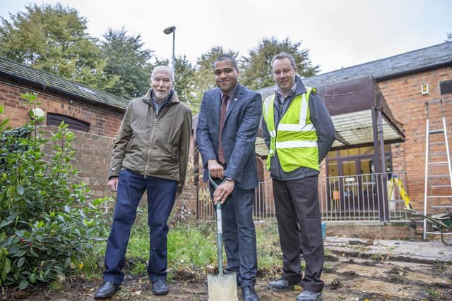 Chair of Rectory Farm Residents' Association Toby Birch, borough councillor for Rectory Farm James Hill and construction director for Goodfellow Stuart Johnson on site at the community centre back in October 2019.