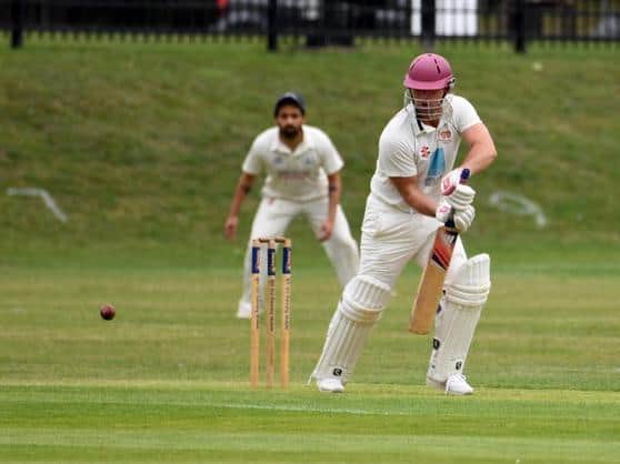 Rob White plays a rare defensive shot in his big century for the ONs on Saturday