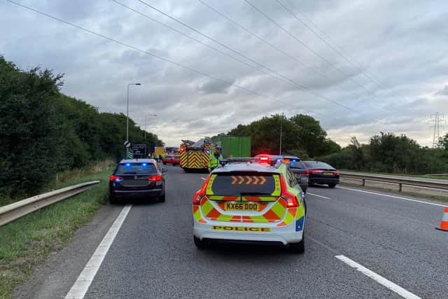 Two lanes are blocked on the A45 eastbound near to Riverside in Northampton. Photo: Northamptonshire Police