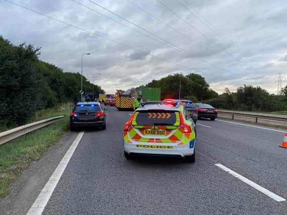 Two lanes are blocked on the A45 eastbound near to Riverside in Northampton. Photo: Northamptonshire Police