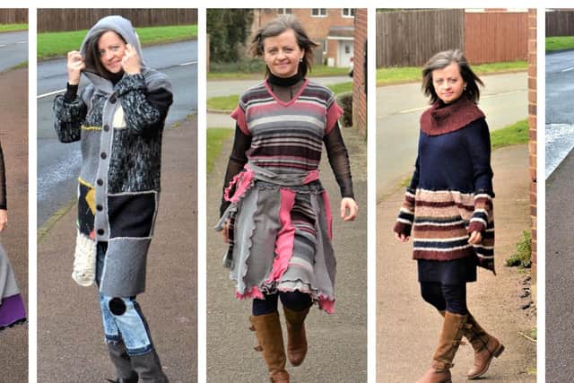 Olesya, pictured in her handmade dresses and a coat, which were made from discarded jumpers.
