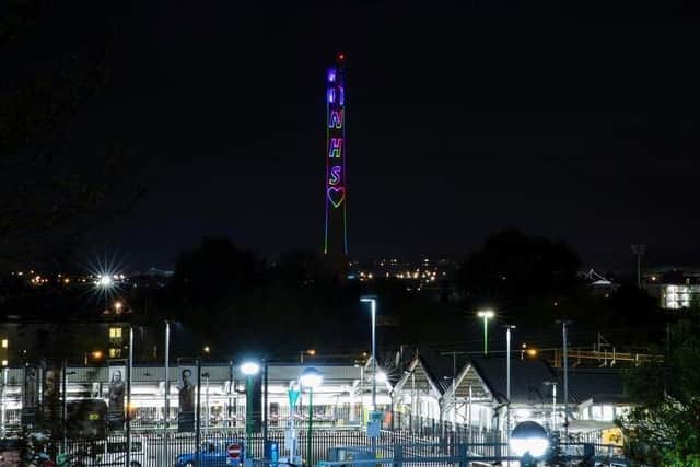 Northampton Lift Tower lit up in support of the NHS for the first Clap for Carers