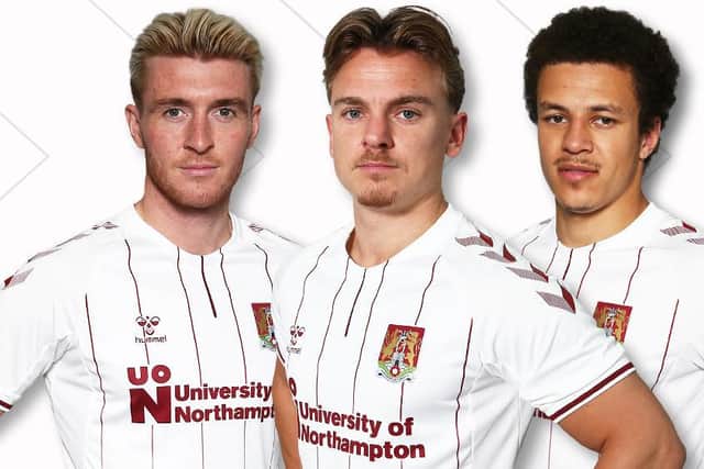 Ryan Watson, Sam Hoskins and Shaun McWilliams model the new Cobblers away kit