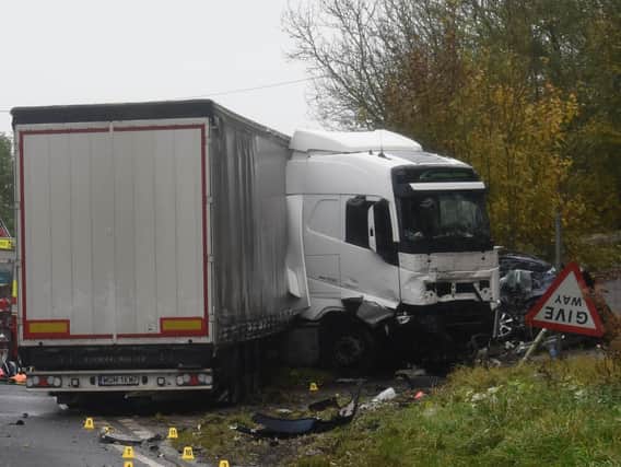 This was the scene after Wierzbicki's lorry smashed into the Jaguar driven by Jevgenijs Kirilliovs on the A45 near Daventry. Photo: Northamptonshire Police