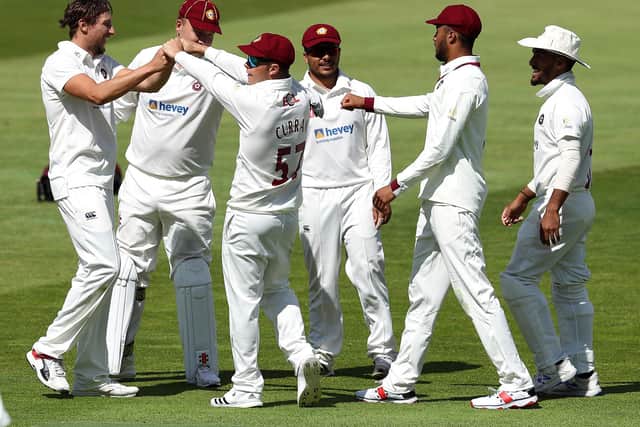 Jack White celebrated the wicket of Rob Yates at Edgbaston