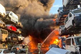 Firefighters tackle the dramatic blaze at a Daventry scrapyard on Monday night. Photo: Northants Fire & Rescue Service