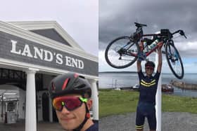 Jack Pinchin at Land's End and John O'Groats at the beginning and end of his cycling challenge for charity