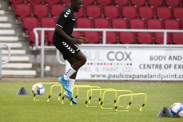 New signing Christopher Missilou is put through his paces on the first day of pre-season training.