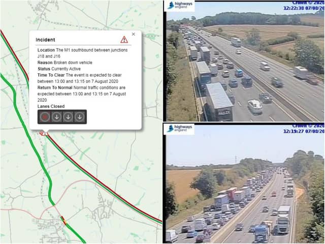Highways England cameras showing long queues on the M1 between Junction 17 and Junction 16 on Friday lunchtime