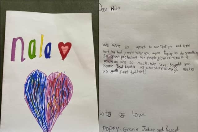 Poppy and Gracie Hyland's card to PD Nala